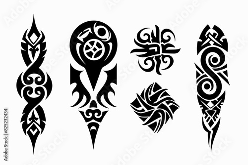 Neo tribal gothic tattoo set, retro futuristic y2k cyber symmetry shapes, vector dark roots branches. Metal music cover print, alien surreal illustration, sword, star grunge clipart. Neo tribal symbol