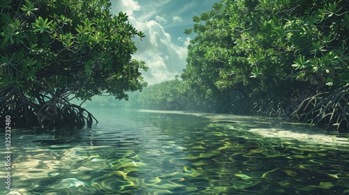 A dense mangrove forest along a coastline, with its tangled roots providing a vital habitat for various marine species and protecting the shore from erosion. photo