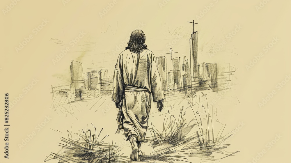 Obraz premium Jesus Walking Through a Modern City, Spreading Love and Peace, Biblical Illustration of His Eternal Presence