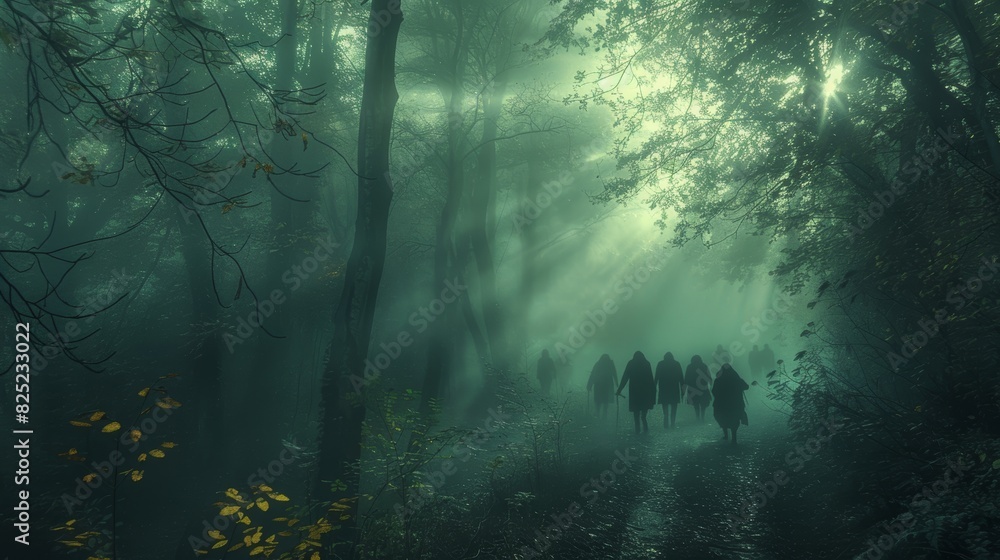 A group of people walking through a foggy forest, with sunbeams filtering through the trees, creating a mystical and atmospheric scene. A group of people walking through a foggy forest, with sunbeams filtering through the trees, creating a mystical and atmospheric scene.