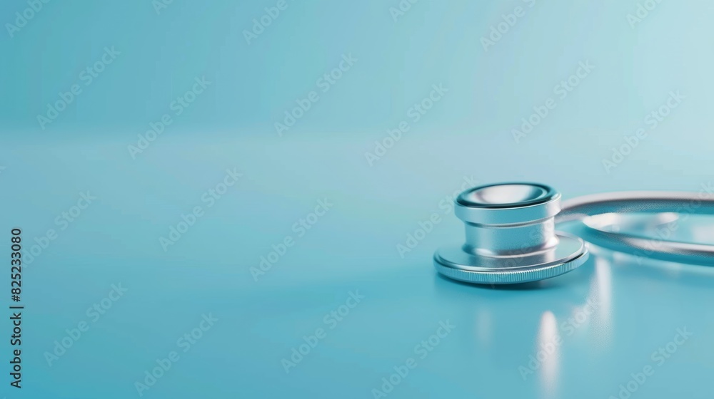 a modern stainless steel stethoscope resting on a sterile medical table with ample blank space to the right for text, set against a clean light blue background. a modern stainless steel stethoscope resting on a sterile medical table with ample blank space to the right for text, set against a clean light blue background.