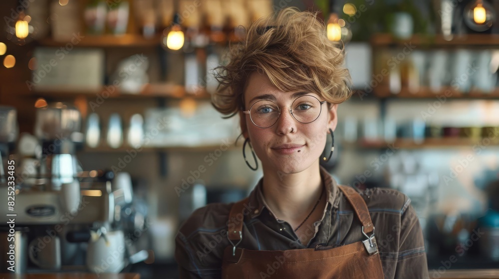 Barista wearing apron standing in coffee shop smiling at camera. Barista wearing apron standing in coffee shop smiling at camera.