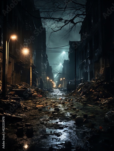Create a spine-chilling scene of urban exploration with a rear view showcasing a desolate street littered with abandoned objects