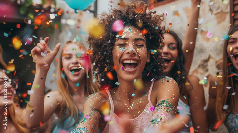 Confetti falling on happy multiracial female friends at party Confetti falling on happy multiracial female friends at party