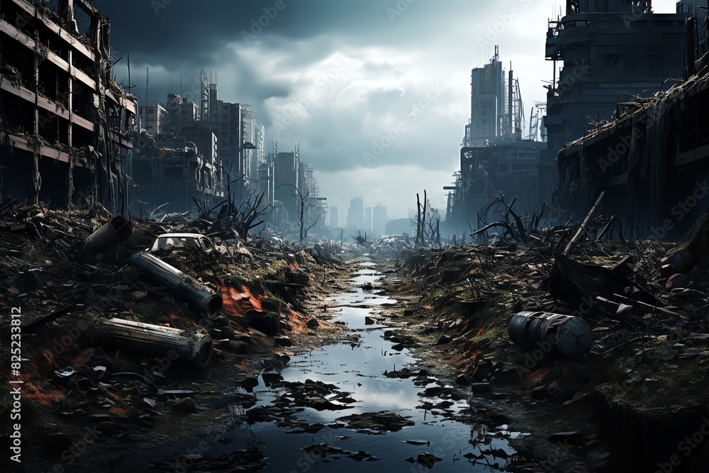 Illustrate a dystopian wasteland overrun by robotic creatures Illustrate a dystopian wasteland overrun by robotic creatures