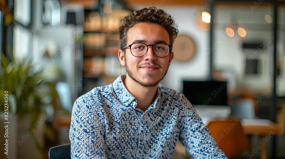 © yailek - Confident young professional in glasses looking at camera, wearing casual shirt with floral pattern.