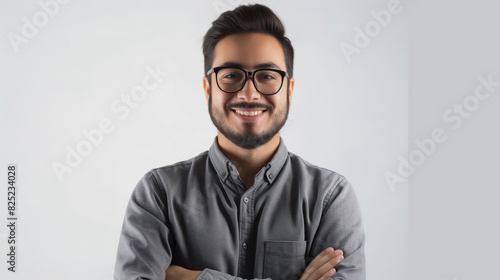 Portrait of young handsome smiling business guy wearing pastel orange shirt and glasses, feeling confident with crossed arms, isolated on color matching background © Axel