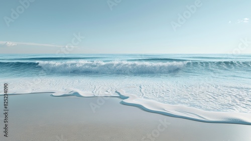 A photorealistic image of a calm ocean with gentle waves lapping against the shore  shot under a clear blue sky.