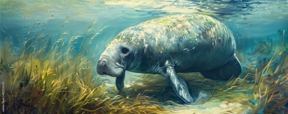 Fototapeta premium Gentle manatee grazing underwater close up, focus on, marine life, ethereal, Oil painting, seagrass bed