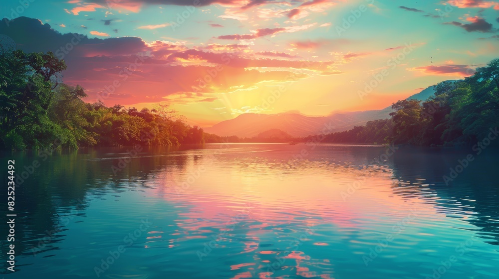 A serene lake landscape, with calm waters reflecting a colorful sunset, surrounded by lush forests and distant mountains.