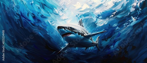 Sleek shark patrolling the deep sea close up, focus on, power, realistic, Oil painting, open ocean photo