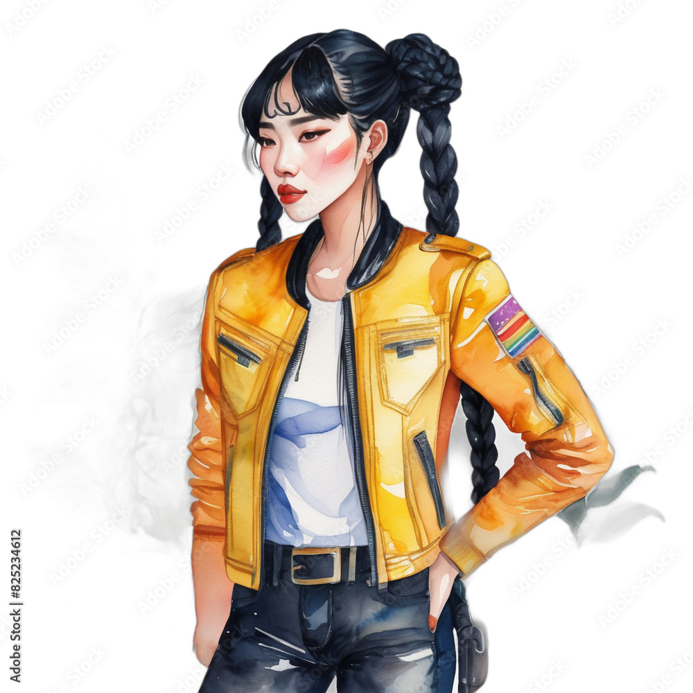 Watercolor Painting Illustration Transparent .PNG of Vietnamese LGBTQ+ Apple-shaped body Black hair Braids celebrating pride wearing Black Leather Jackets Watercolor Painting Illustration Transparent .PNG of Vietnamese LGBTQ+ Apple-shaped body Black hair Braids celebrating pride wearing Black Leather Jackets
