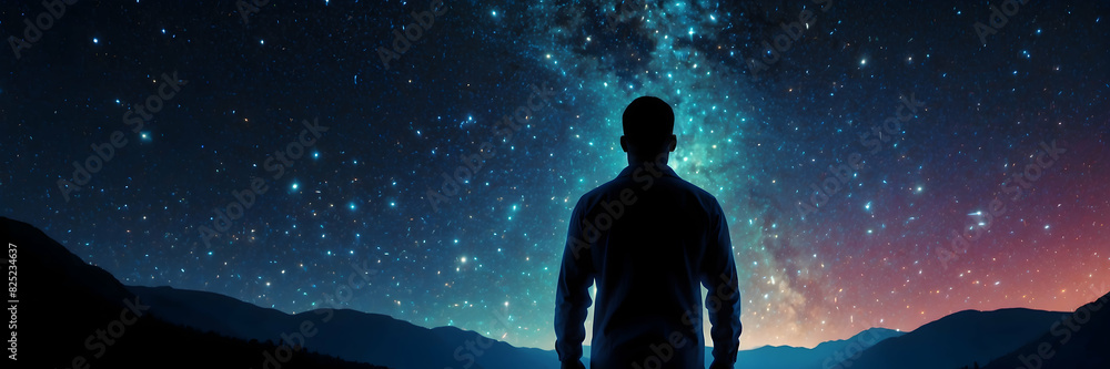 A contemplative man stands silhouetted against a breathtaking starry night sky with mountains in silhouette