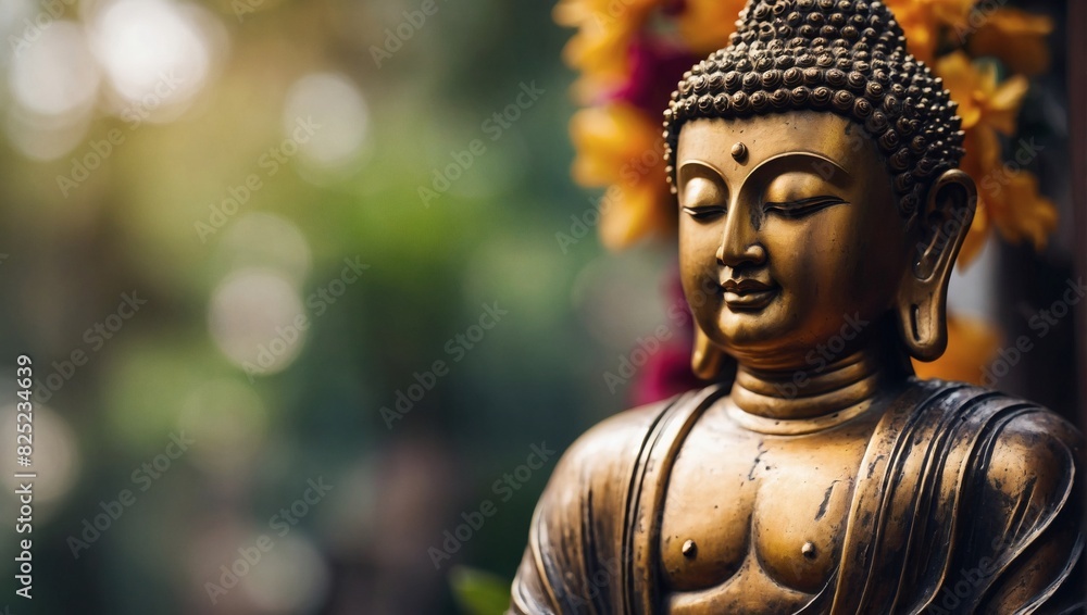 Close-up of Buddha statue with blurred background.