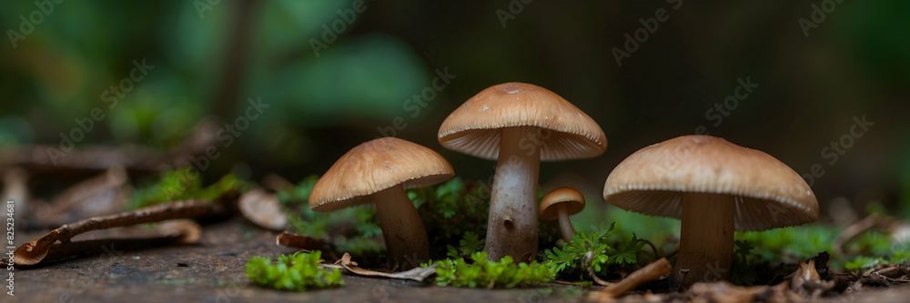 Three brown mushrooms captured in natural forest habitat with a backdrop of green moss Three brown mushrooms captured in natural forest habitat with a backdrop of green moss