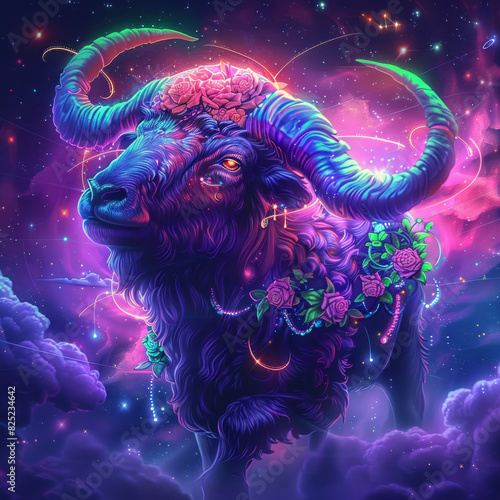 Zodiac sign of Aries as a celestial ram, neon pink and purple colors against dark starry space with neon stars astrological design astrology horoscope symbol of March April month background. © Helen