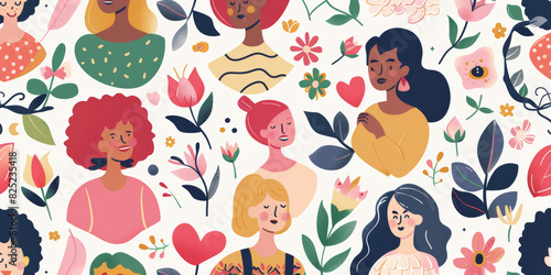 A colorful drawing of women with flowers and hearts.