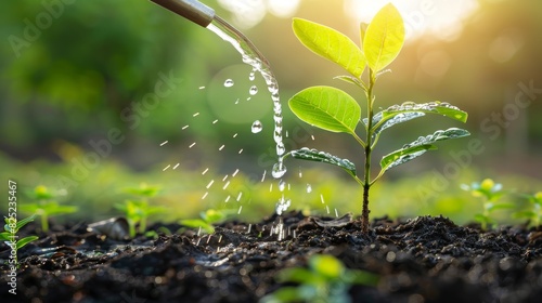 A young tree sapling planted in a field, with a person gently watering it, illustrating the nurturing process of growth and regeneration.