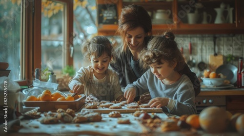 Mom and her children are baking cookies in the kitchen. They are all smiling and having fun. The kitchen is warm and inviting. The cookies smell delicious.