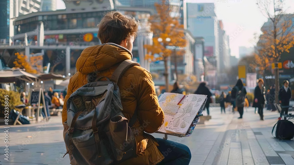 The image shows a man sitting on a bench in a busy city street. He is wearing a backpack and holding a map. The man is looking at the map and trying to figure out where he is.