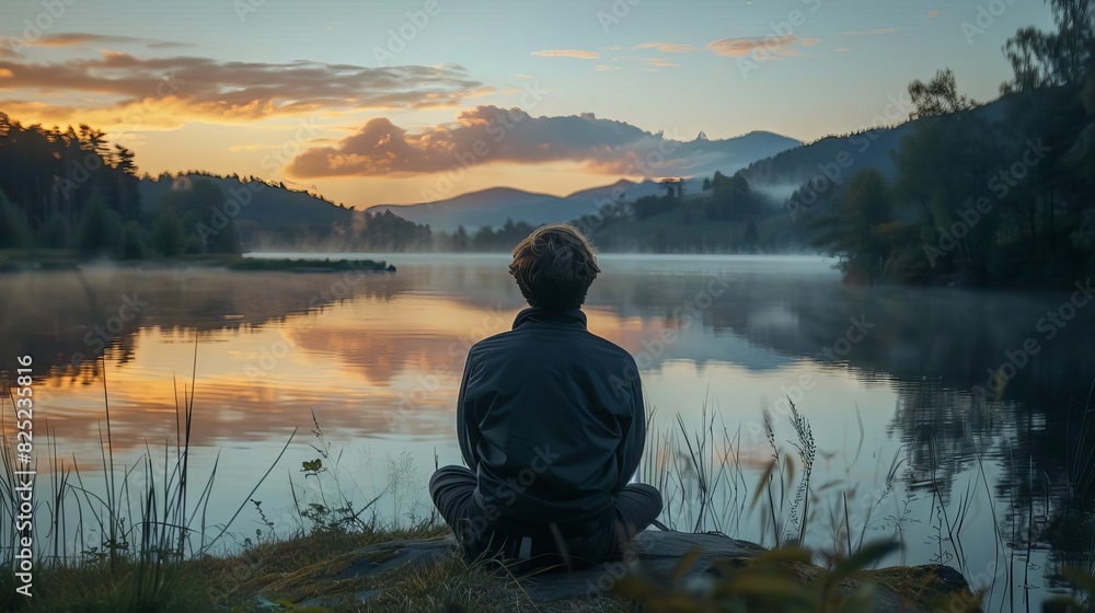 The image shows a man sitting on the edge of a lake, looking out at the sunrise