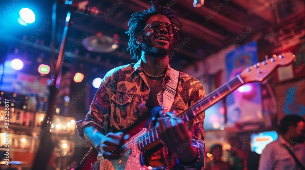 The image shows a man playing the guitar on the stage with colorful lights in the background. The image shows a man playing the guitar on the stage with colorful lights in the background.