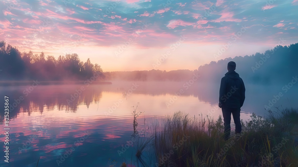 The image shows a man standing on the edge of a lake, looking out at the sunrise The image shows a man standing on the edge of a lake, looking out at the sunrise