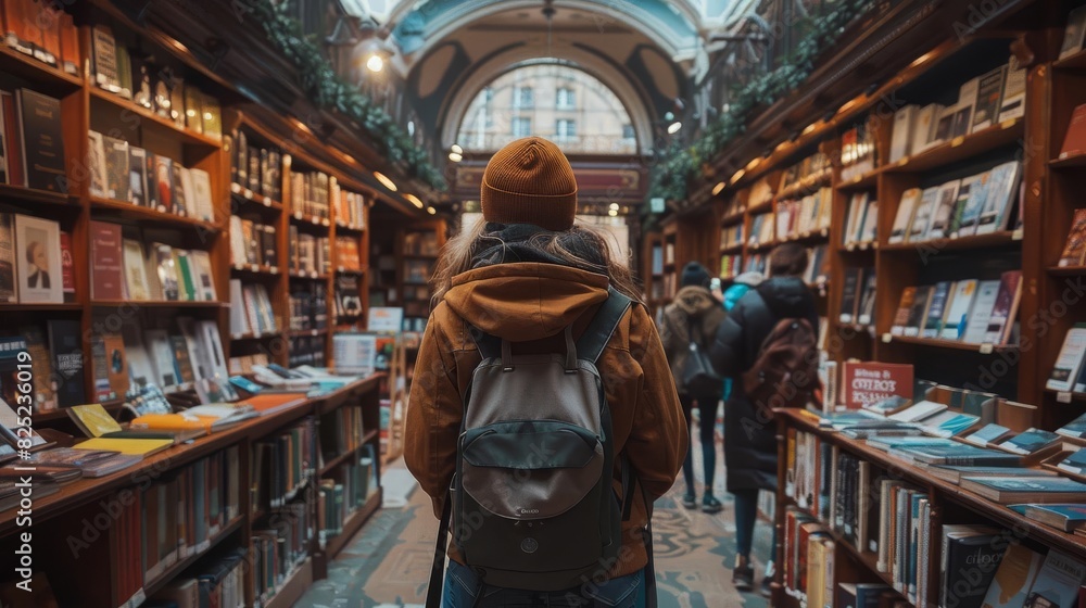 The image shows a person with backpack walking through a library.