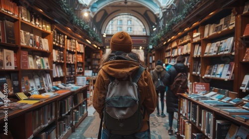 The image shows a person with backpack walking through a library. © yailek
