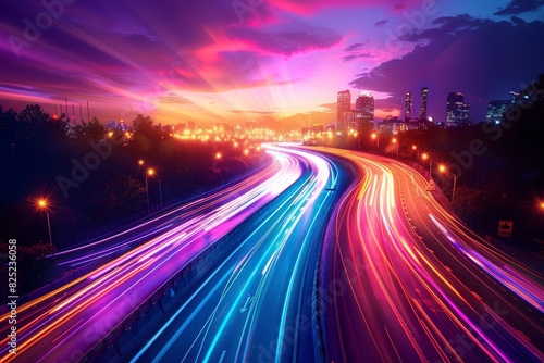 Colorful long exposure of a highway at dusk with streaks of vibrant light trails from vehicles, set against a city skyline and a dramatic, colorful sunset sky.