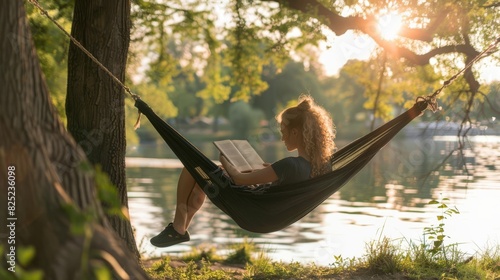 The image shows a woman relaxing in a hammock