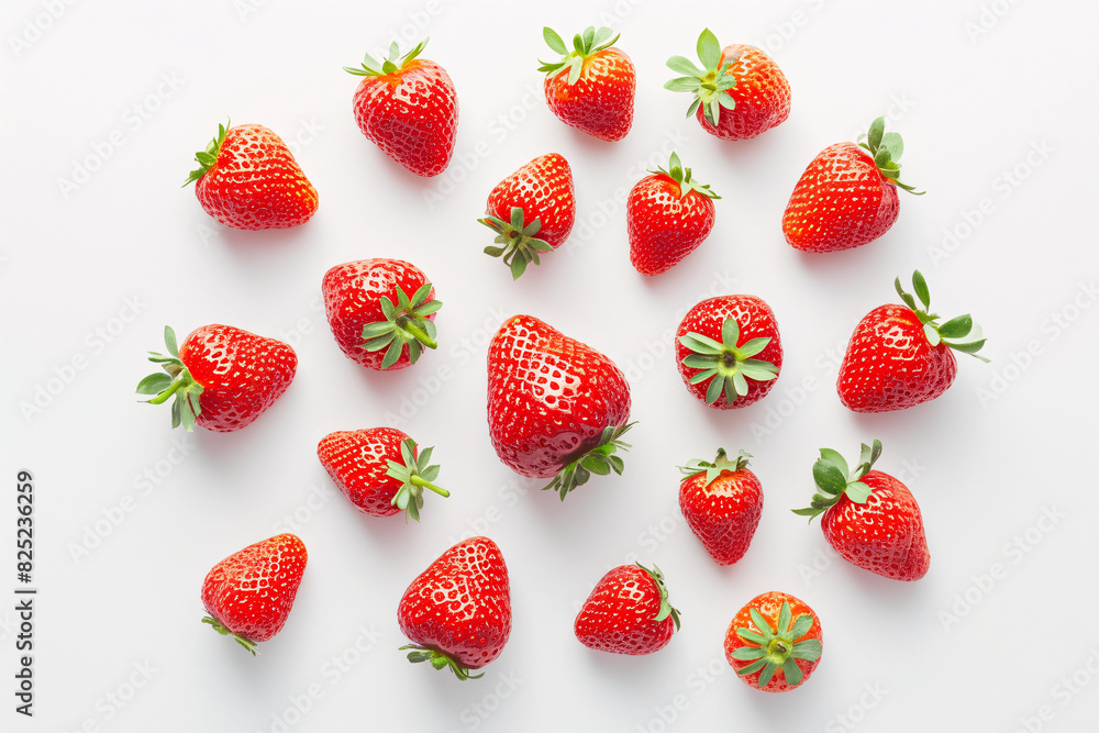 Fresh strawberries with green stems arranged in a circular pattern on a white background Fresh strawberries with green stems arranged in a circular pattern on a white background