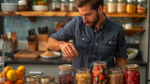 meal prep organization, a professional adopts baking oats jars for quick, nutritious meal prep, efficiently organizing layers of oats, fruits, and nuts for a sleek, convenient grab-and-go breakfast photo