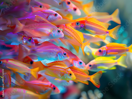 Stunning Underwater Scene of Dense School of Colorful Tropical Fish with Bright Oranges, Yellows, Reds, Purples, and Blues in Dynamic, Fluid Setting Highlighting Marine Biodiversity and Vibrant photo