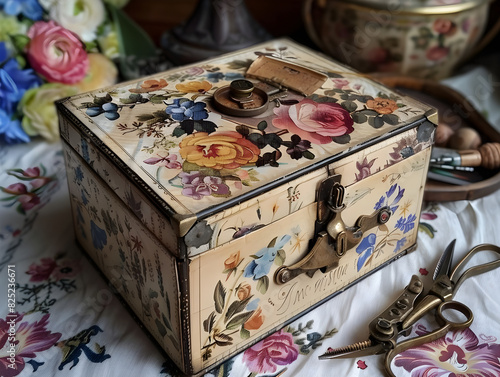 Charming Vintage Floral Sewing Box with Intricate Metal Clasps on Complementary Floral Tablecloth Surrounded by Traditional Handicraft Tools Including Scissors, Thimble, and Thread Spools Nostalgic photo