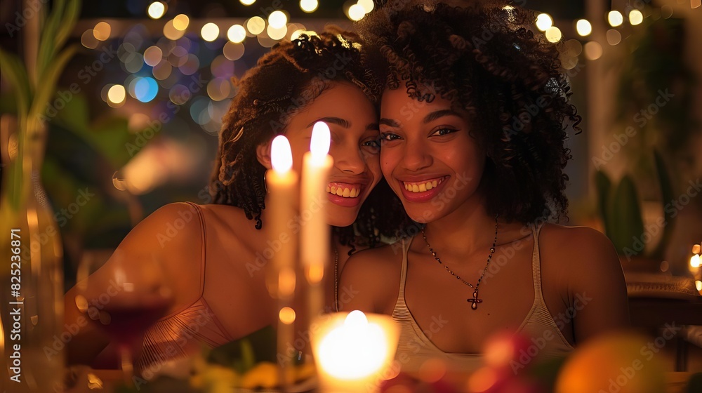 Two beautiful black women are sitting at a table, smiling and looking at each other. There are candles on the table. Two beautiful black women are sitting at a table, smiling and looking at each other. There are candles on the table.