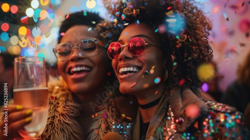 Two beautiful black women celebrate new year eve party with champagne and confetti.