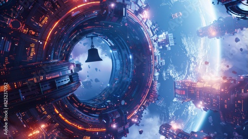 Futuristic city orbiting around earth in a space background