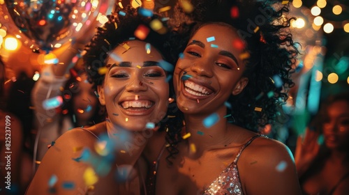 Two beautiful young women dancing at a party and smiling with glitter falling around them.