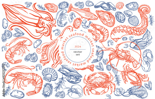 Isolated vector set of seafood. Shrimps, langoustines, prawns, salmon, trout, oysters, mussels, squid, crab, lemon, octopus, rosemary, sea urchin. Hand-drawn seafood delicacy, restaurant and marine.