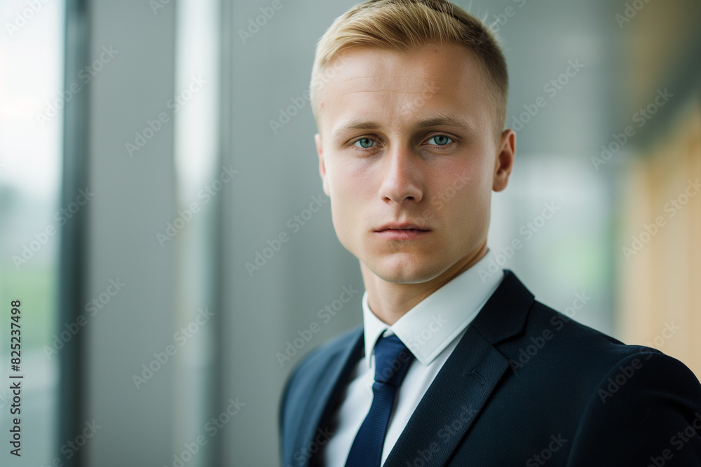 Professional portrait of a young businessman in a suit, standing in an office. Professional portrait of a young businessman in a suit, standing in an office.