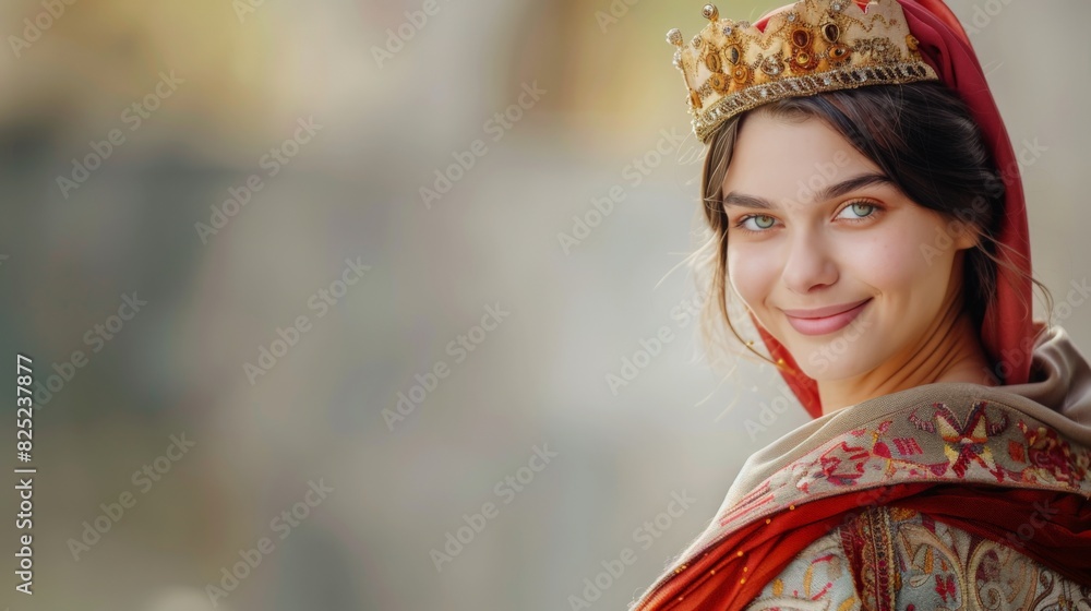 Fototapeta premium Portrait of a beautiful woman in Roman Empire clothes with a crown on her head smiles and looks at the camera on a light background.