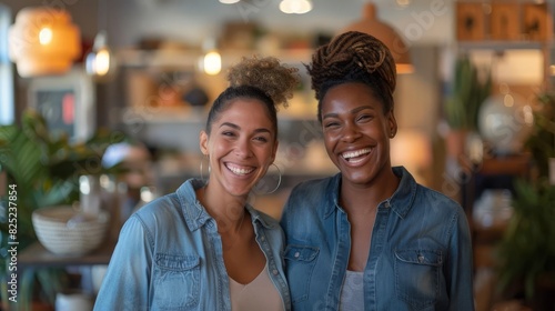 Two young professional women standing close together and smiling at the camera.