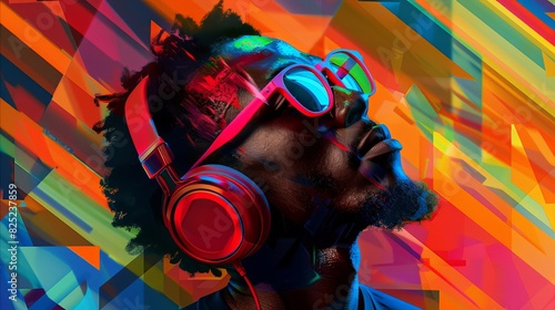 Wallpaper Mural An African man wearing headphones and glasses in a vibrant abstract art style. Vibrant in style, this image tells a story about the fun side of music that knows no race. Torontodigital.ca