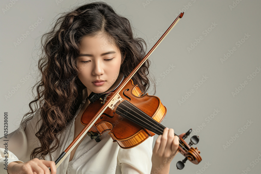 A young woman skillfully plays the violin with focus and grace in a serene setting. A young woman skillfully plays the violin with focus and grace in a serene setting.