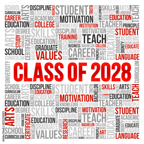 Class of 2028 - the group of students who graduated from high school or college in the year 2028, word cloud concept background