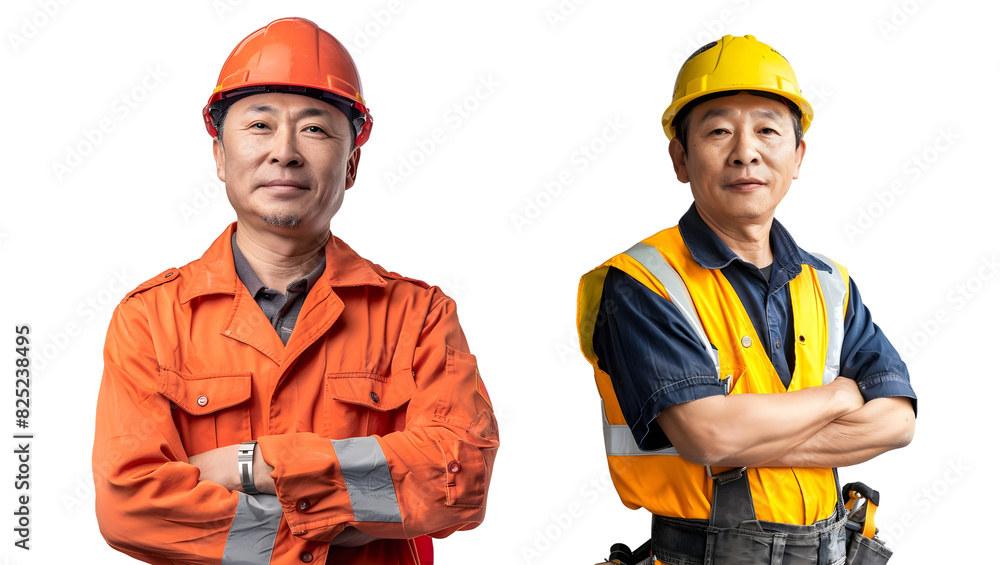 Chinese Construction Engineers with Arms Crossed, Construction Management Concept Chinese Construction Engineers with Arms Crossed, Construction Management Concept