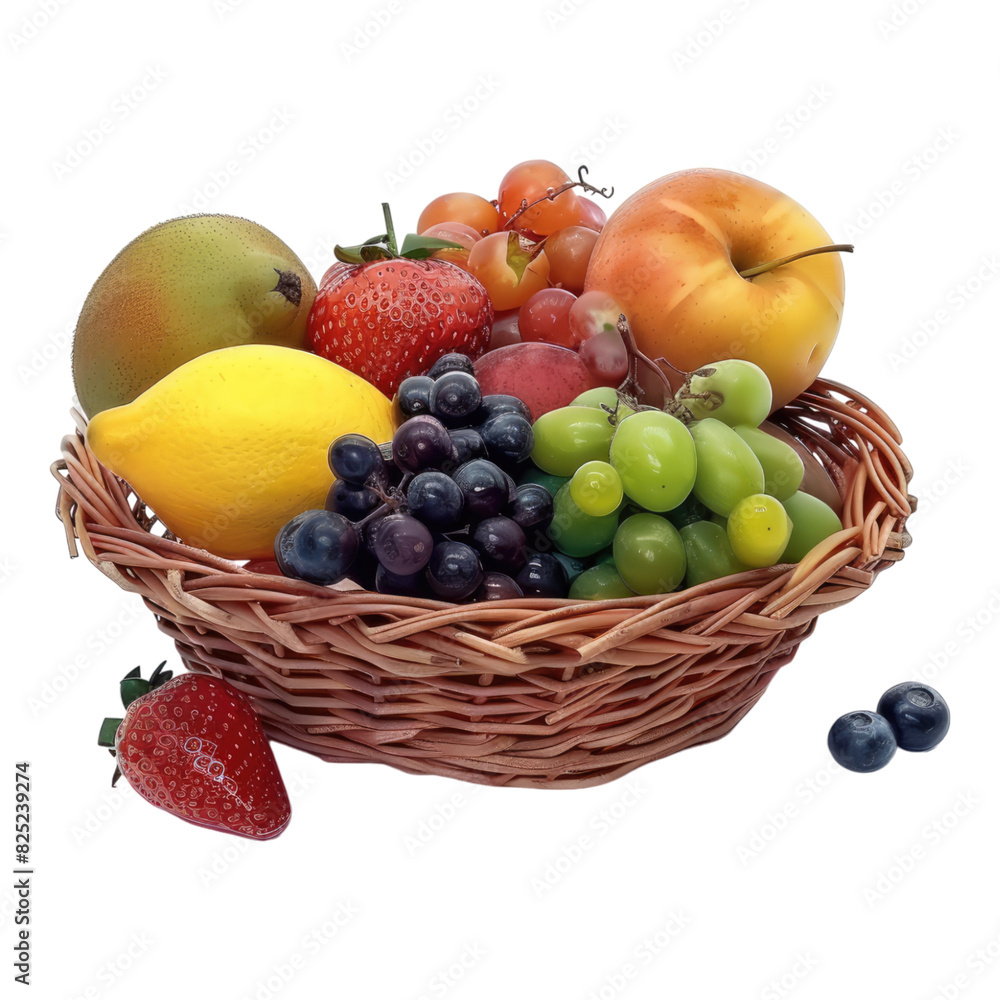 Basket filled with fresh healthy fruits isolated on transparent background.