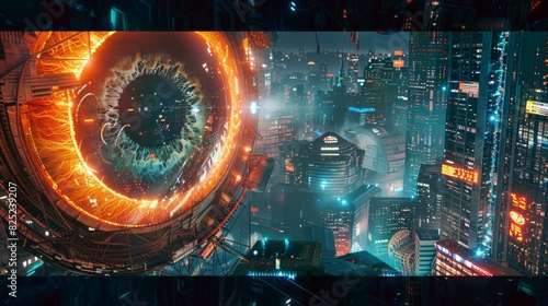 Futuristic cityscape with a giant eye in the sky