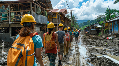 A group of people wearing hard hats and backpacks are walking down a muddy road photo